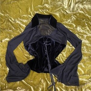 Gothic vintage black corset velvet lace collar sheer sleeve elvira top
